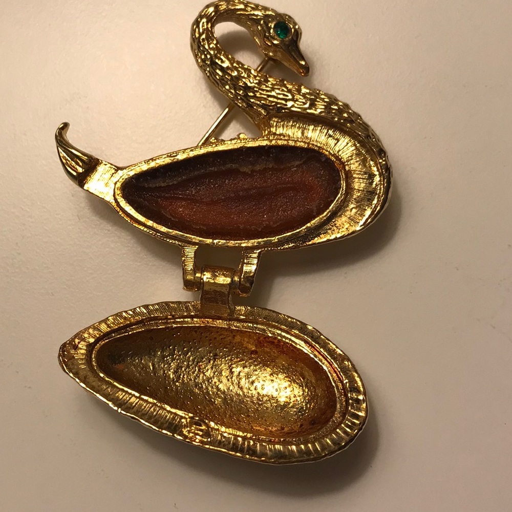 Vintage Goose Swan Perfume Container Brooch Gold Solid Rhinestone Green Eye